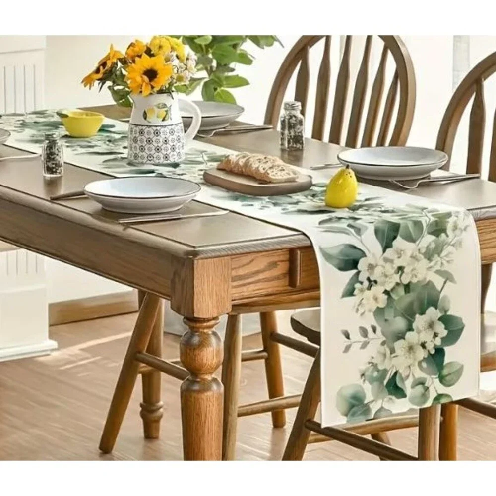 Table Runner 13x72in Woven Polyester Eucalyptus and Flowers Greenery Floral